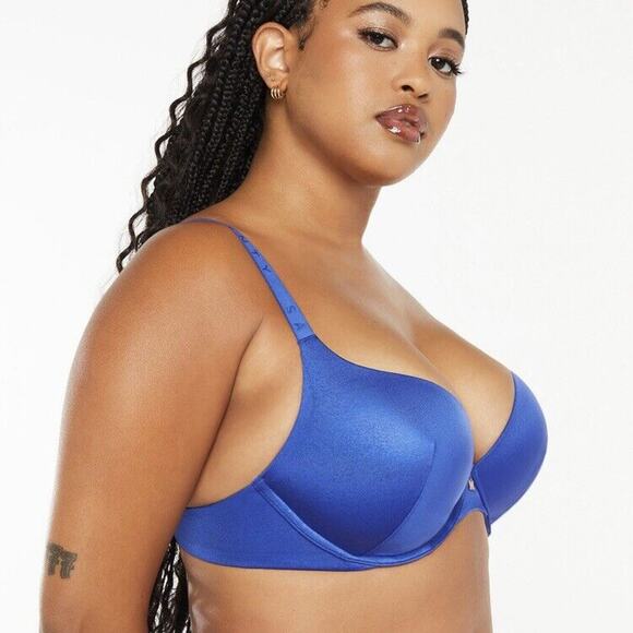 Savage X Fenty Core Microfiber Blue Metallic Shiny Push Up Plunge Bra, size 32C - Picture 4 of 5